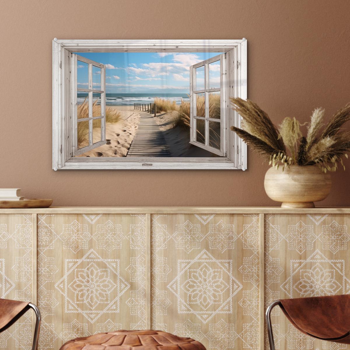 ACRYLGLASBILD Fenster - Meer - Küste - Natur - Ausblick - Strand - Wattenmeer Wanddeko 60x40 cm - Beige, Glas (60/40cm) - MuchoWow