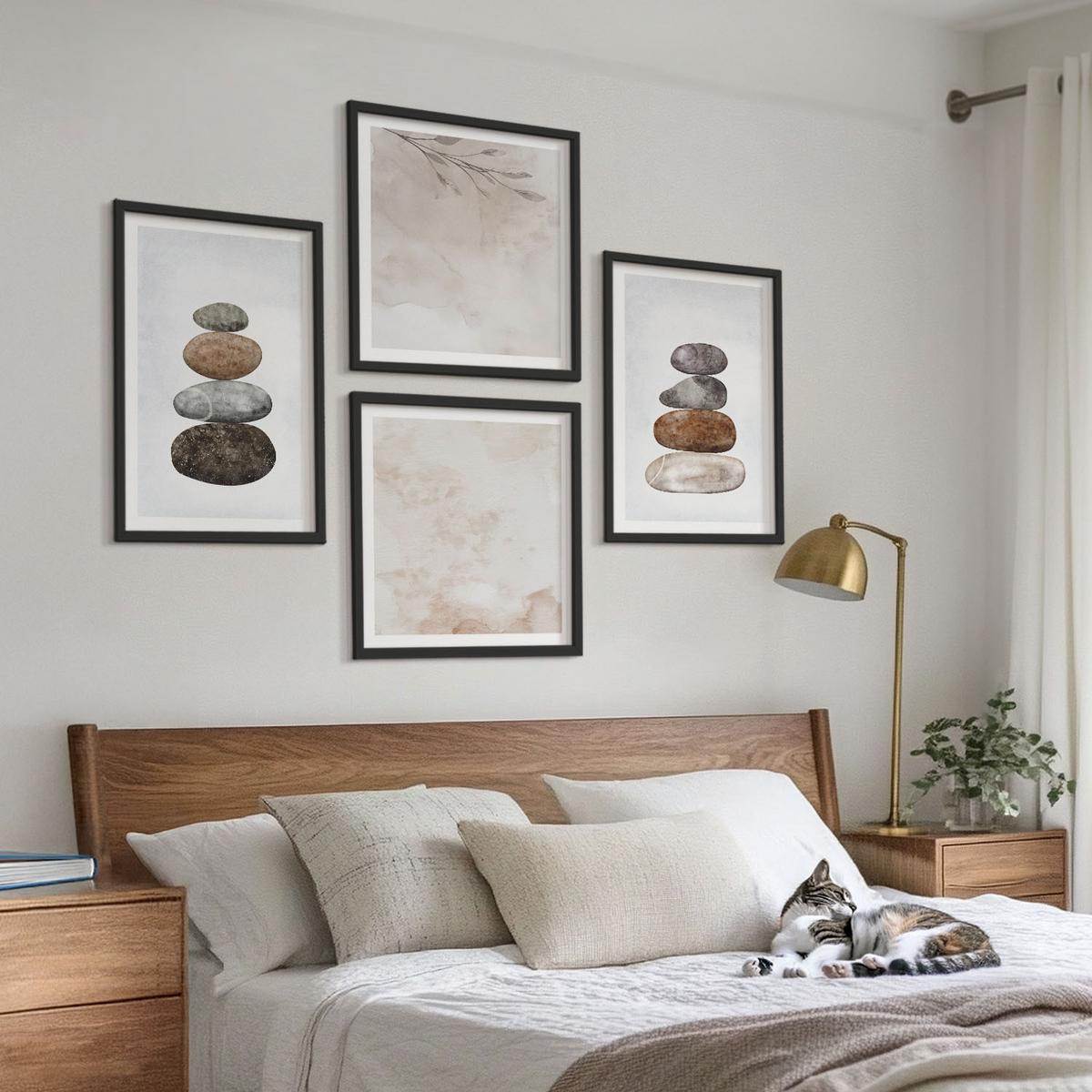 BILDER SET 4er Set - 50x50 cm & 40x60 cm Schwarzer Rahmen - Steinstapel-Boho-Malerei - Schwarz, Kunststoff (50/50cm) - TULUP