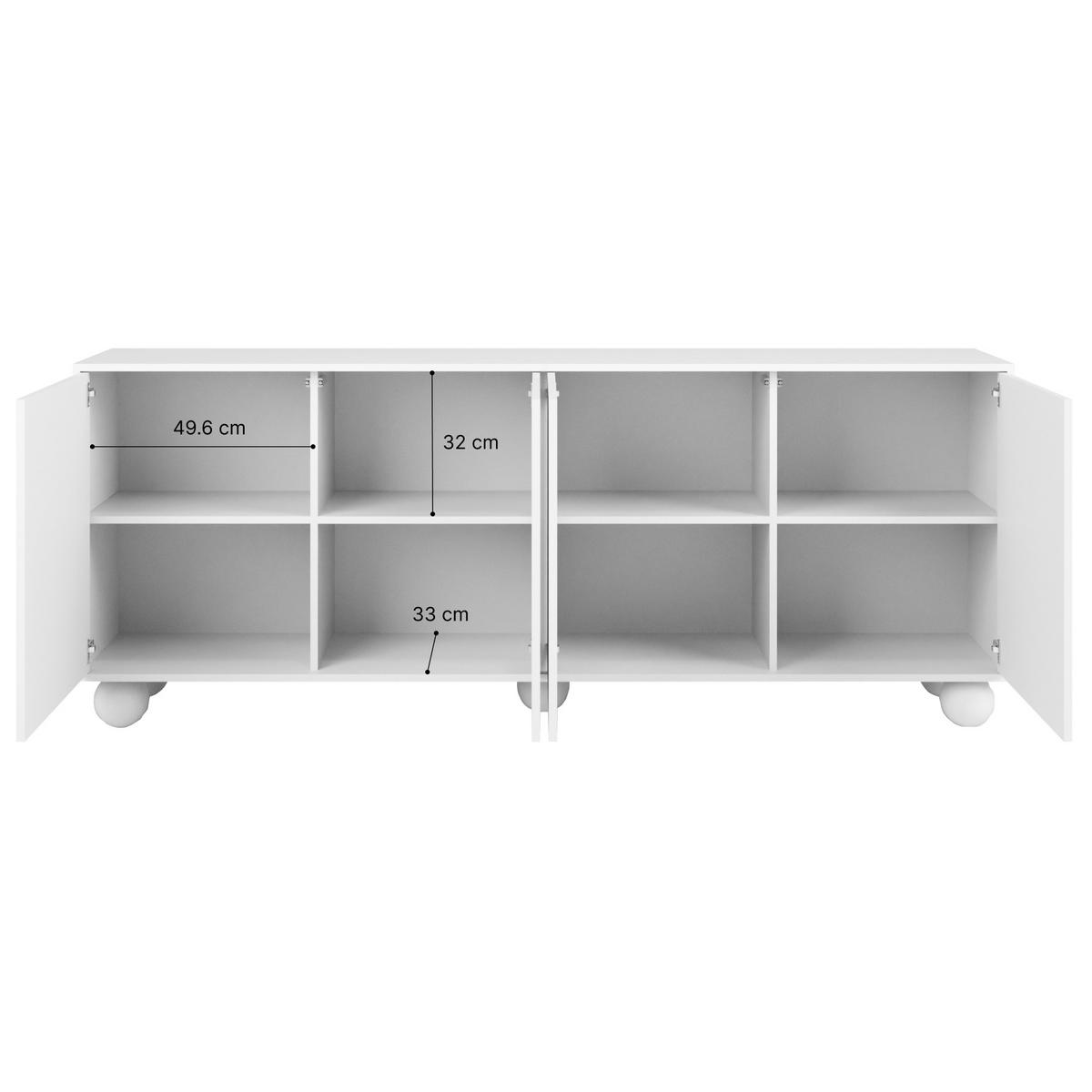 KOMMODE Adel mit 4 Türen und runden Füßen, 204 cm, Griffloss, Weiß - Weiß, Holzwerkstoff (204/81/38cm) - Beautysofa
