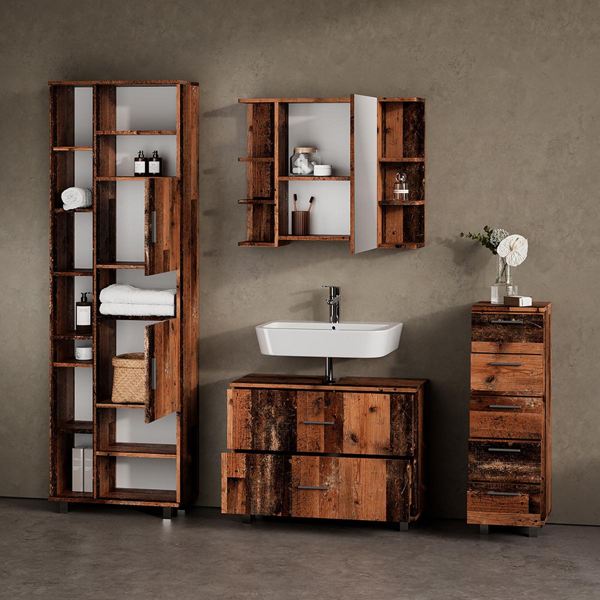 BADMÖBEL-SET Eisak Eiche rustikal 4 Teile, mit Hochschrank - Wildeiche, Holzwerkstoff (80/60/33cm) - Livinity®