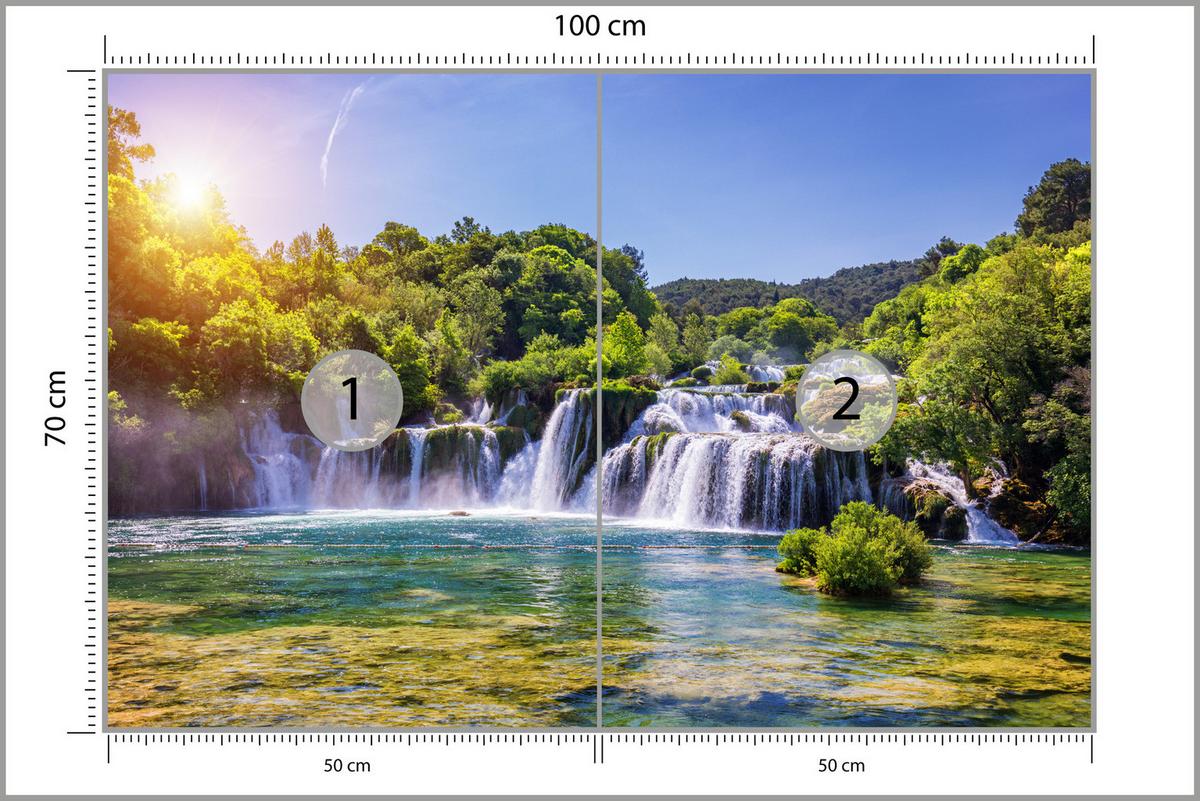 FOTOTAPETE Wasserfälle Wald Landschaft 3D 100x70 - Türkis/Blau, Papier (100/70cm) - Muralo