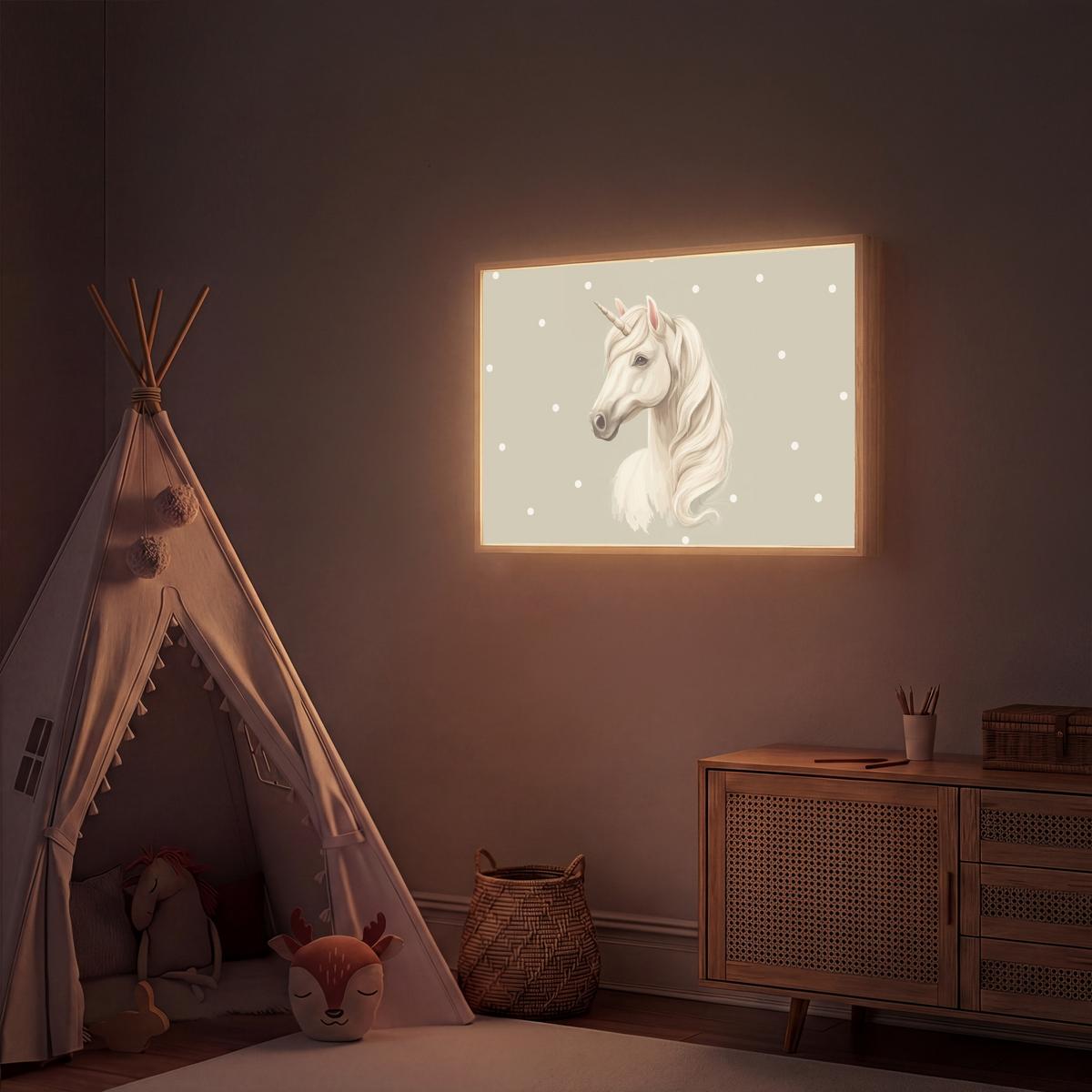 WANDLEUCHTE MIT AKKU Einhorn - Weiß - Punkte 100x70 cm - Taupe, Holzwerkstoff (100/70/8cm) - OnlyWow