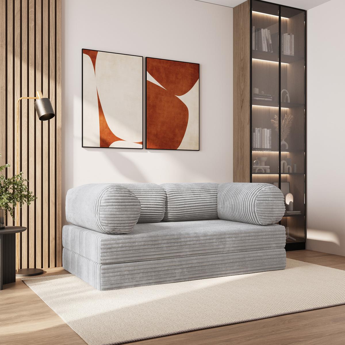 BETTSOFA ALVIO aus Schaumstoff Cordstoff Hellgrau Schlaffunktion - Grau, Textil (170/68/80cm) - MASSENO