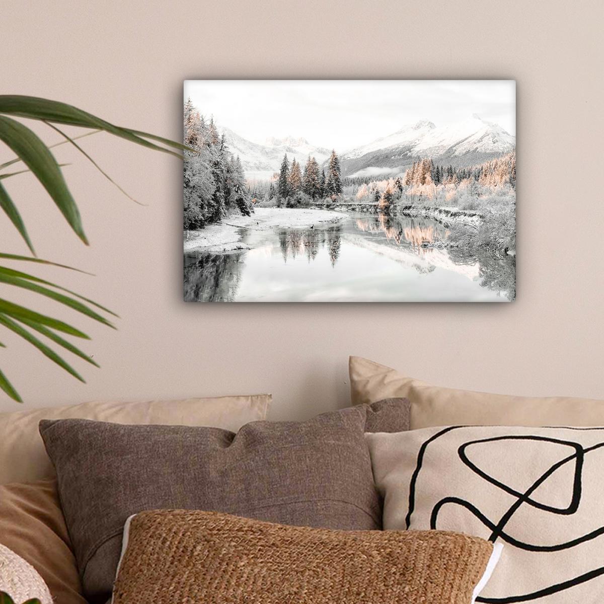 LEINWANDBILD Natur - Winter - Bäume - Berge - Schnee Deko Schlafzimmer 30x20 cm - Weiß Hochglanz, Textil (30/20cm) - MuchoWow