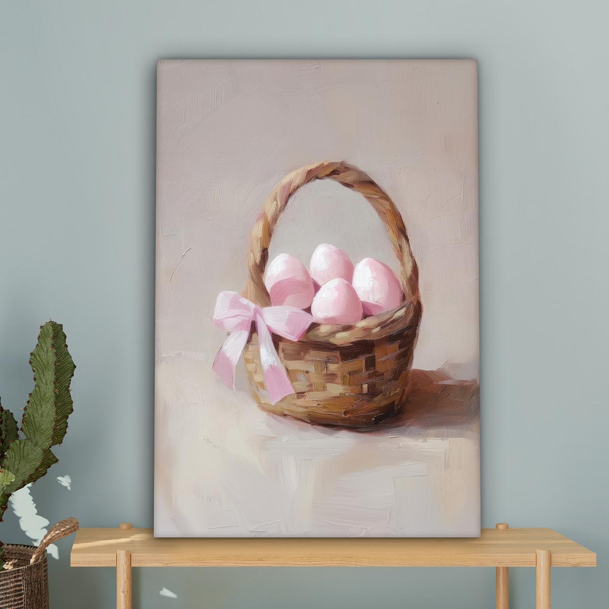 LEINWANDBILD Korb - Eier - Rosa Wanddeko Schlafzimmer 60x90 cm - Beige, Textil (60/90cm) - MuchoWow