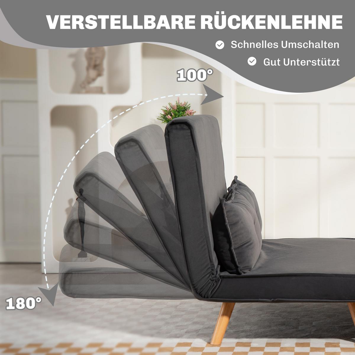 SCHLAFSOFA 3 in 1, 120 x 190 cm Schlaffunktion, Lendenkissen - Dunkelgrau/Naturfarben, Holz/Textil (75/87/120cm) - HOMCOM