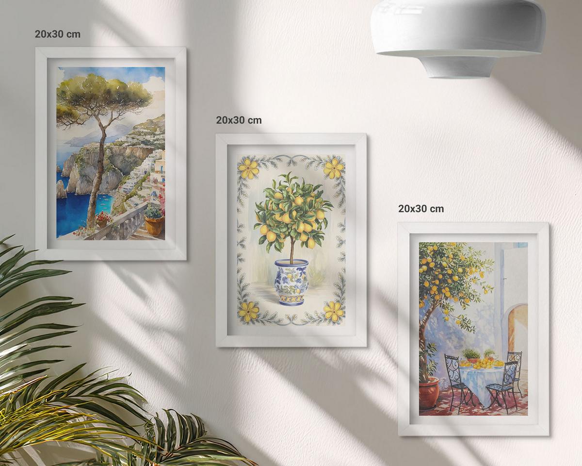 BILDER SET 3er Set - 20x30 cm Weißer Rahmen - Blick auf das Meer aus Zitronenbäumen - Weiß, Kunststoff (20/30cm) - TULUP