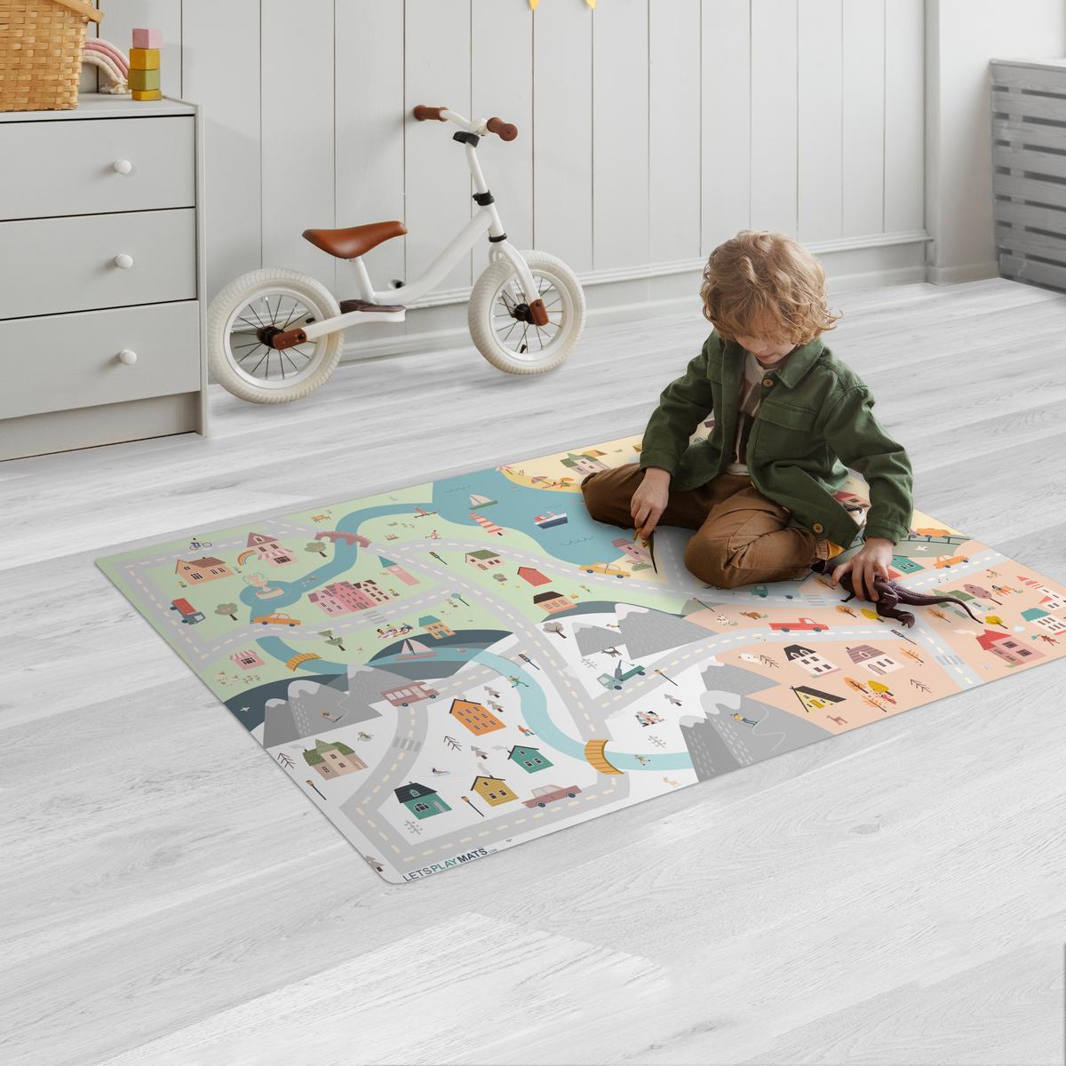 KINDERTEPPICH Jahreszeiten - Stadt - Häuser - Straße - Kinder - Auto Spielmatte 105x70 cm - Multicolor, Kunststoff (105/0.3cm) - OnlyWow