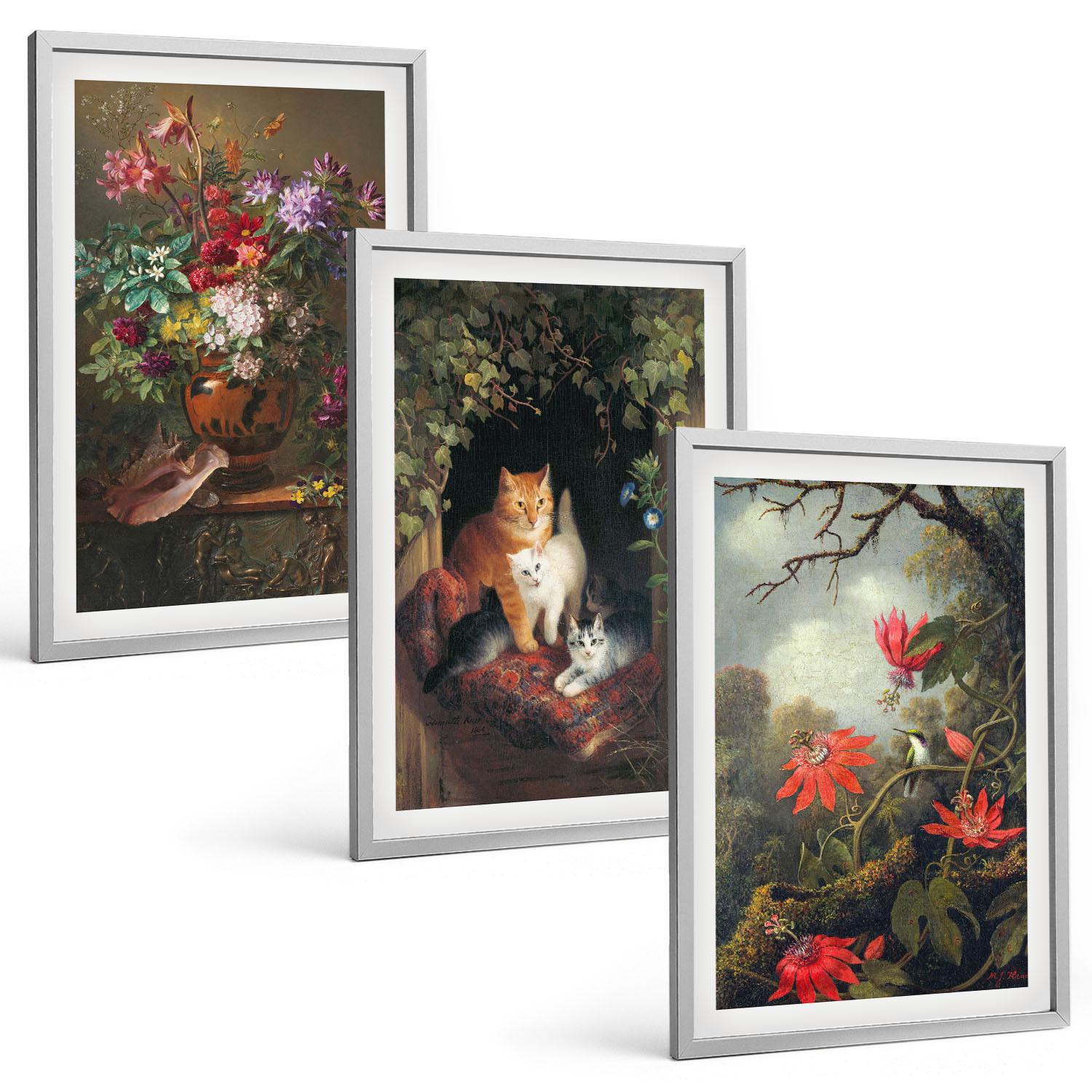 BILDER SET 3er Set - 40x60 cm Silberner Rahmen - Vintage-Blumen, Katzen, Natur - Silberfarben, Kunststoff (40/60cm) - TULUP