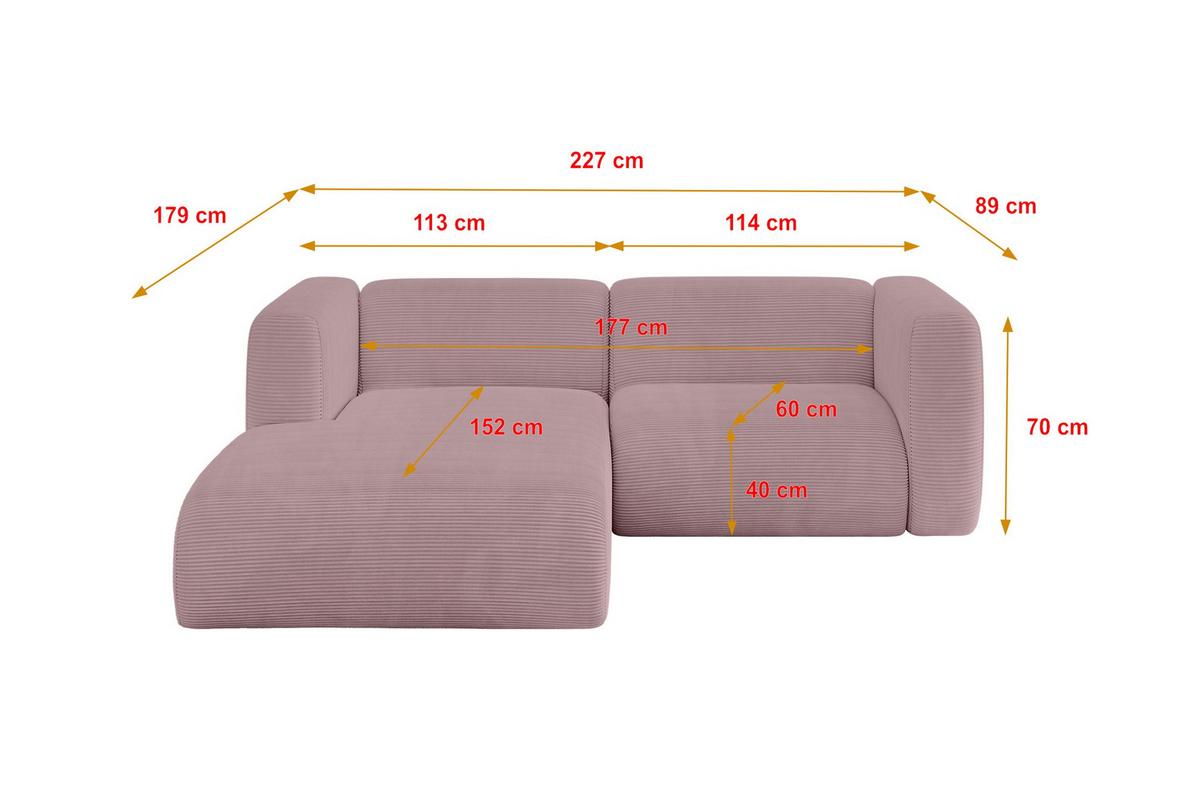ECKSOFA Ottomane Links MIRA-L1 227x179x89 Rosa Cord - Schwarz/Rosa, Holzwerkstoff/Kunststoff (227/179cm) - ALTDECOR