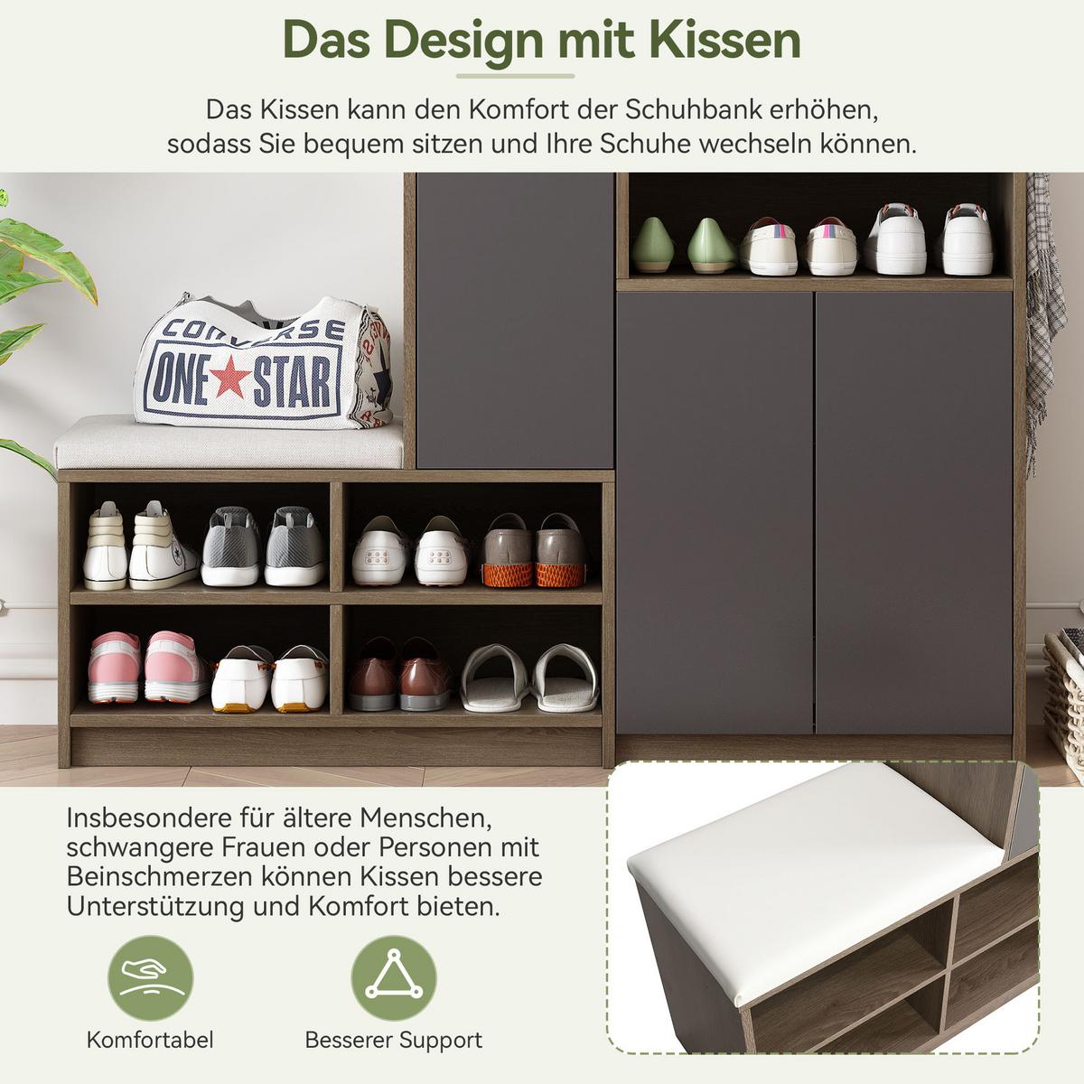 SCHUHSCHRANK in Grau mit Sitzkissen & grifflosen Türen - Grau, Holzwerkstoff (140/110/35cm) - Urban Meuble