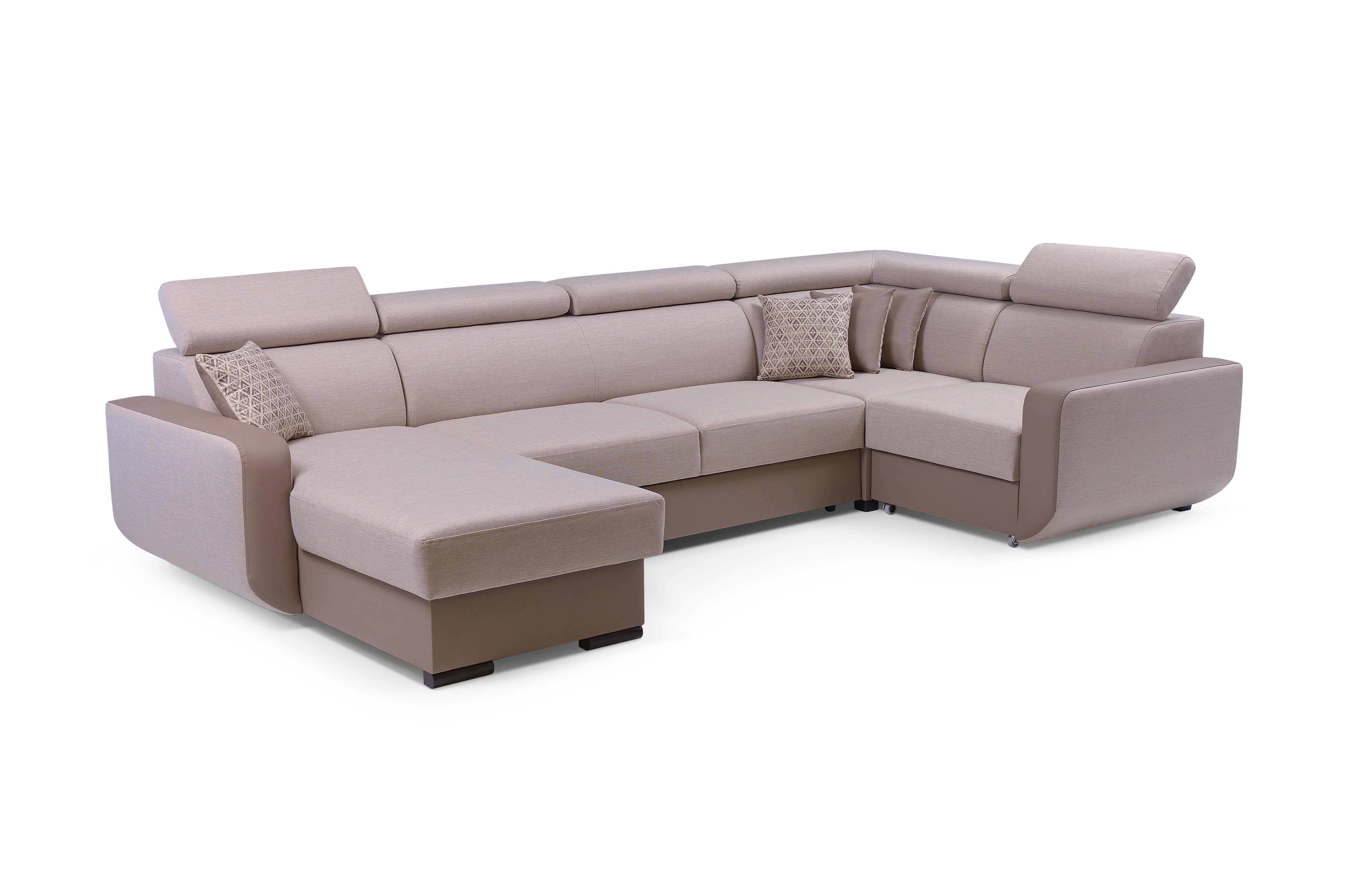 WOHNLANDSCHAFT PALAZZO Beige Geflochtener Stoff mit Schlaffunktion - Beige, Holz (337/97/184cm) - MASSENO