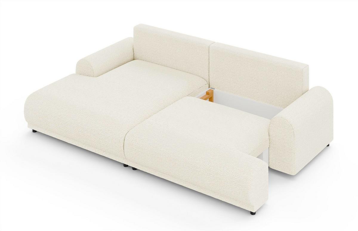 ECKSOFA mit Schlaffunktion, Bettkasten, extrabreite Ottomane links, abgerundete Armlehnen, B240/T145/H81 cm, Bezug Bouclé-Charakter Beige Creme/ 21028 - Beige/Creme, Kunststoff/Textil (240/145cm) - luma-home