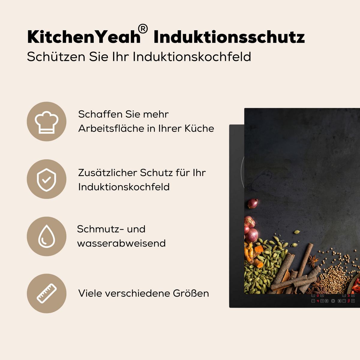 HERDABDECKPLATTE Kräuter - Lebensmittel - Gewürze - Schwarz - Paprika - Zimt Ceranfeldabdeckung 59x52 cm - Currygelb, Kunststoff (59/52/0.2cm) - MuchoWow