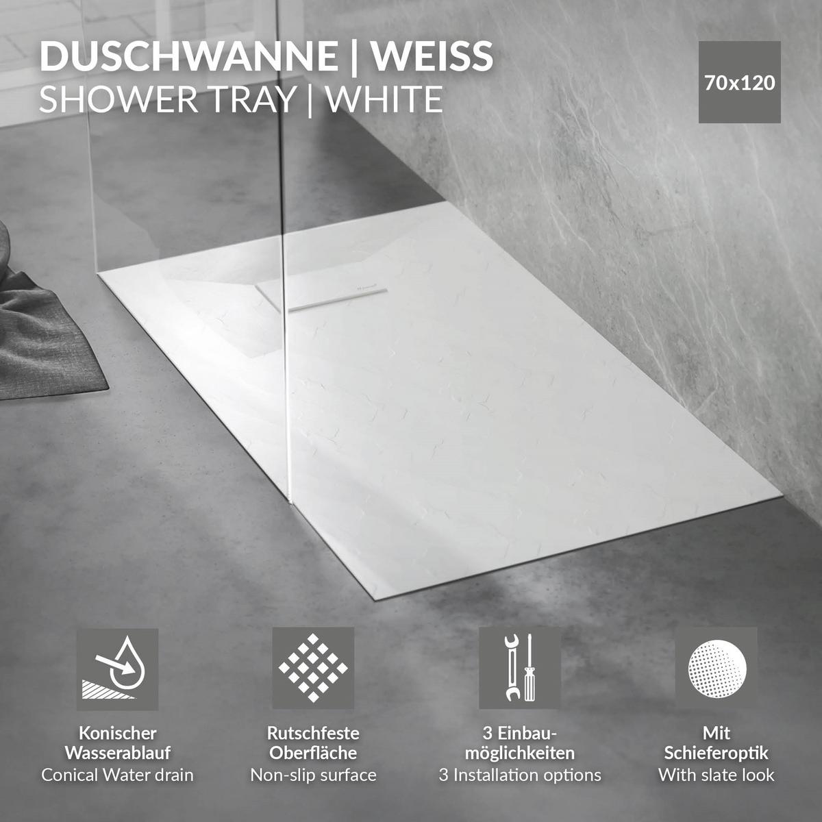 DUSCHWANNE 120x70 cm Weiß mit Ablaufgarnitur aus SMC - Weiß, Kunststoff (70/3/120cm) - LuxeBath