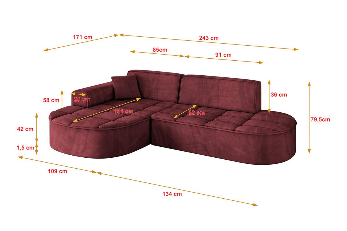 ECKSOFA Ottomane Links TARO-L1 - 243x171x79,5 cm Bordeauxrot - Bordeaux, Holzwerkstoff/Textil (243/171cm) - ALTDECOR