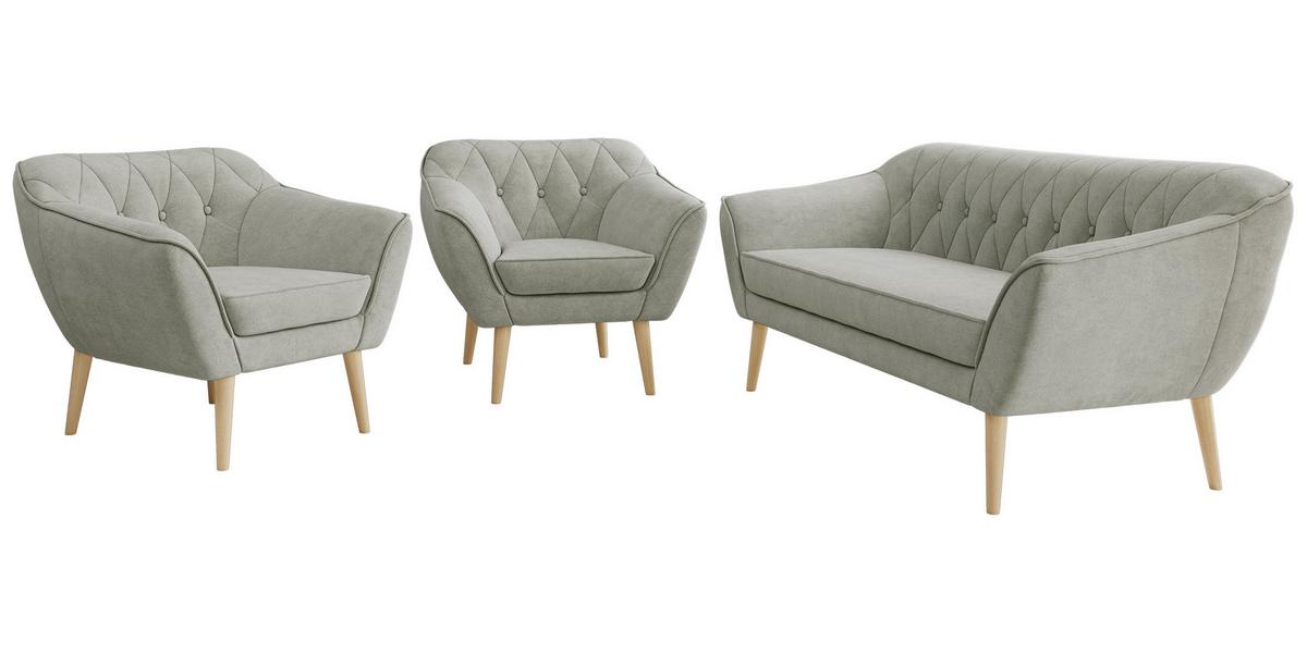 SITZGARNITUR PIRS 3+1+1 - Hellgrau Strukture - Holzbeine - Silberfarben/Buchefarben, Holzwerkstoff/Textil (180/75/74cm) - MKS