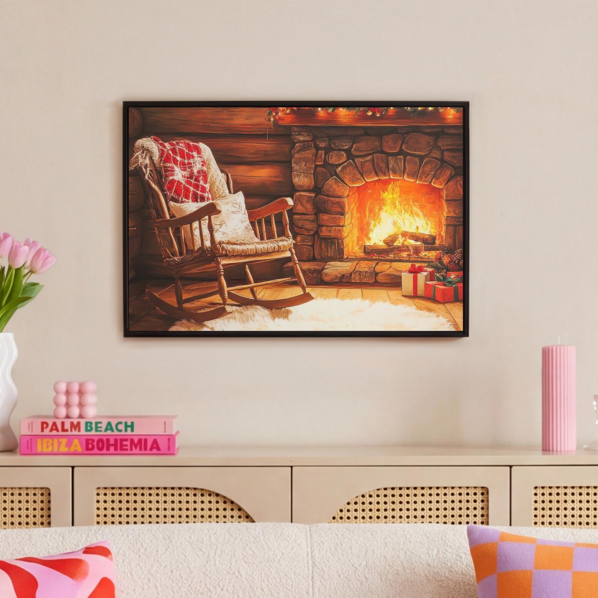 LEINWAND Bilder mit Rahmen - Winter - Weihnachten - Zuhause - Kamin - 60x40 - Bernsteinfarben, Textil (60/40cm) - MuchoWow