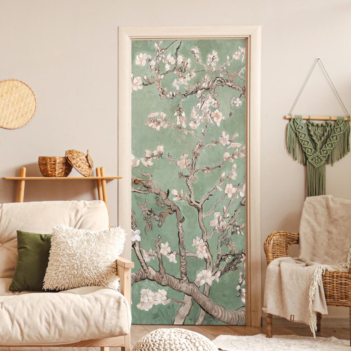 TÜRAUFKLEBER Mandelblüte - Kunst - Van Gogh - Grün 90x215 cm - Türtapete - Salbeigrün, Kunststoff (90/0.1cm) - MuchoWow