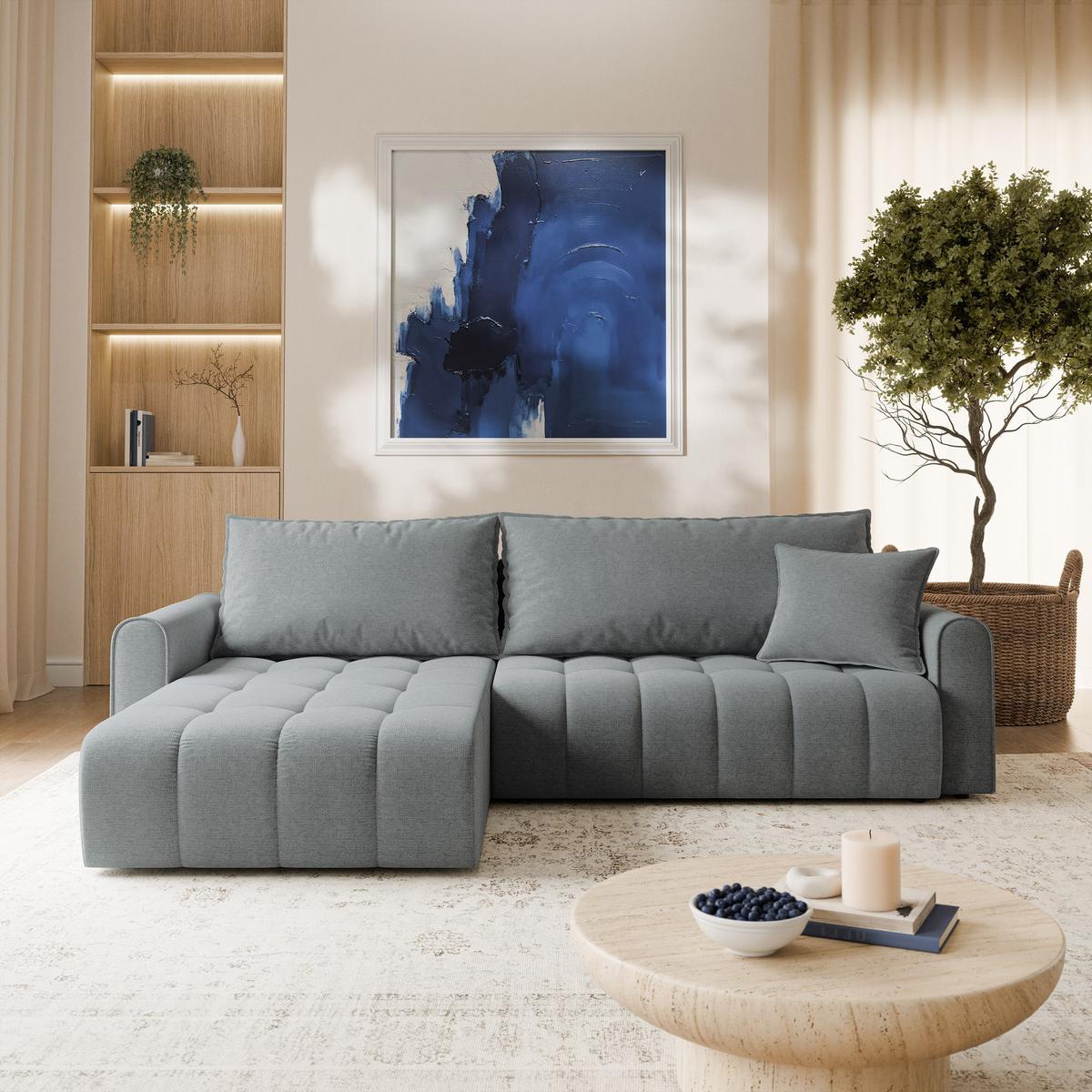 ECKSOFA FRIGA Grau Strukturstoff mit Schlaffunktion - Grau, Holz (283/185cm) - MASSENO