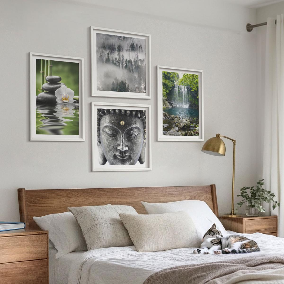 BILDER SET 4er Set - 50x50 cm & 40x60 cm Weißer Rahmen - Harmonie der Natur, Steine, Wasser, Buddha - Weiß, Kunststoff (50/50cm) - TULUP
