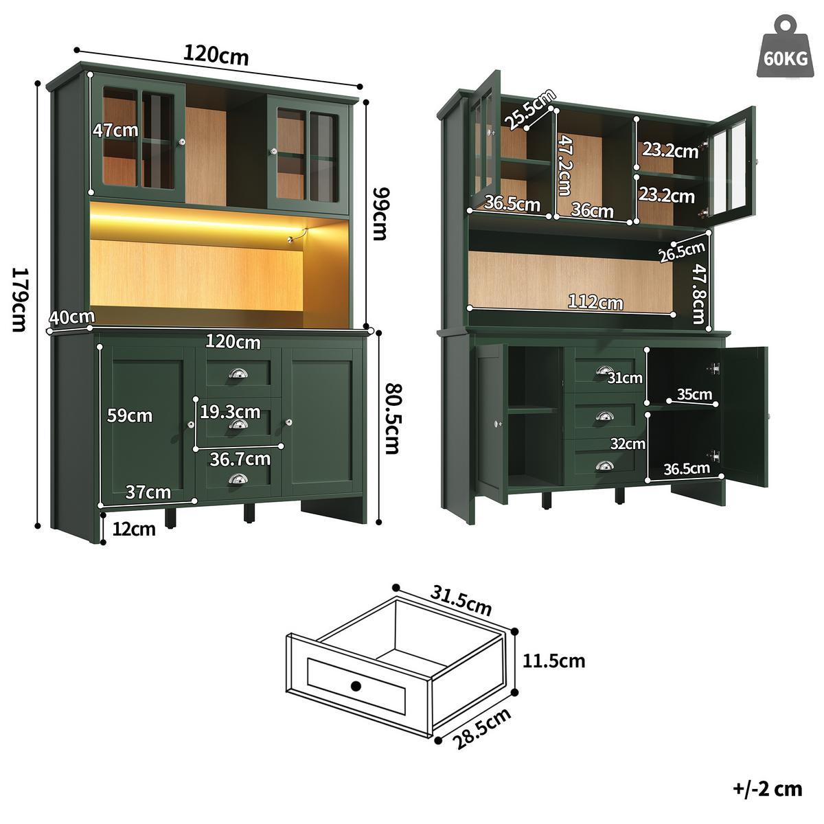 BUFFETSCHRANK grün & braunglas mit app-led & verstellbaren böden - Grün, Holzwerkstoff (120/179/40cm) - Urban Meuble