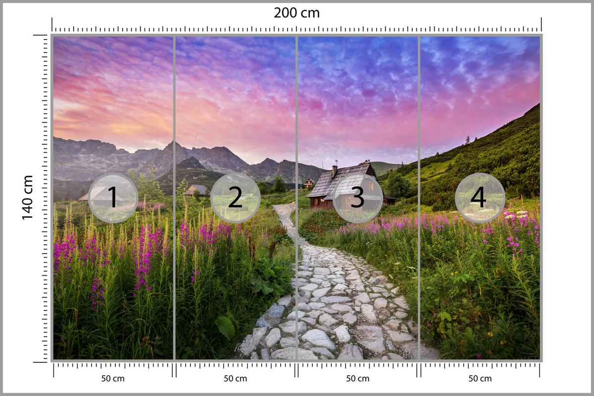 FOTOTAPETE für Schlafzimmer Berglandschaft Holzchalet Natur 200x140 - Beige/Violett, Papier (200/140cm) - Muralo