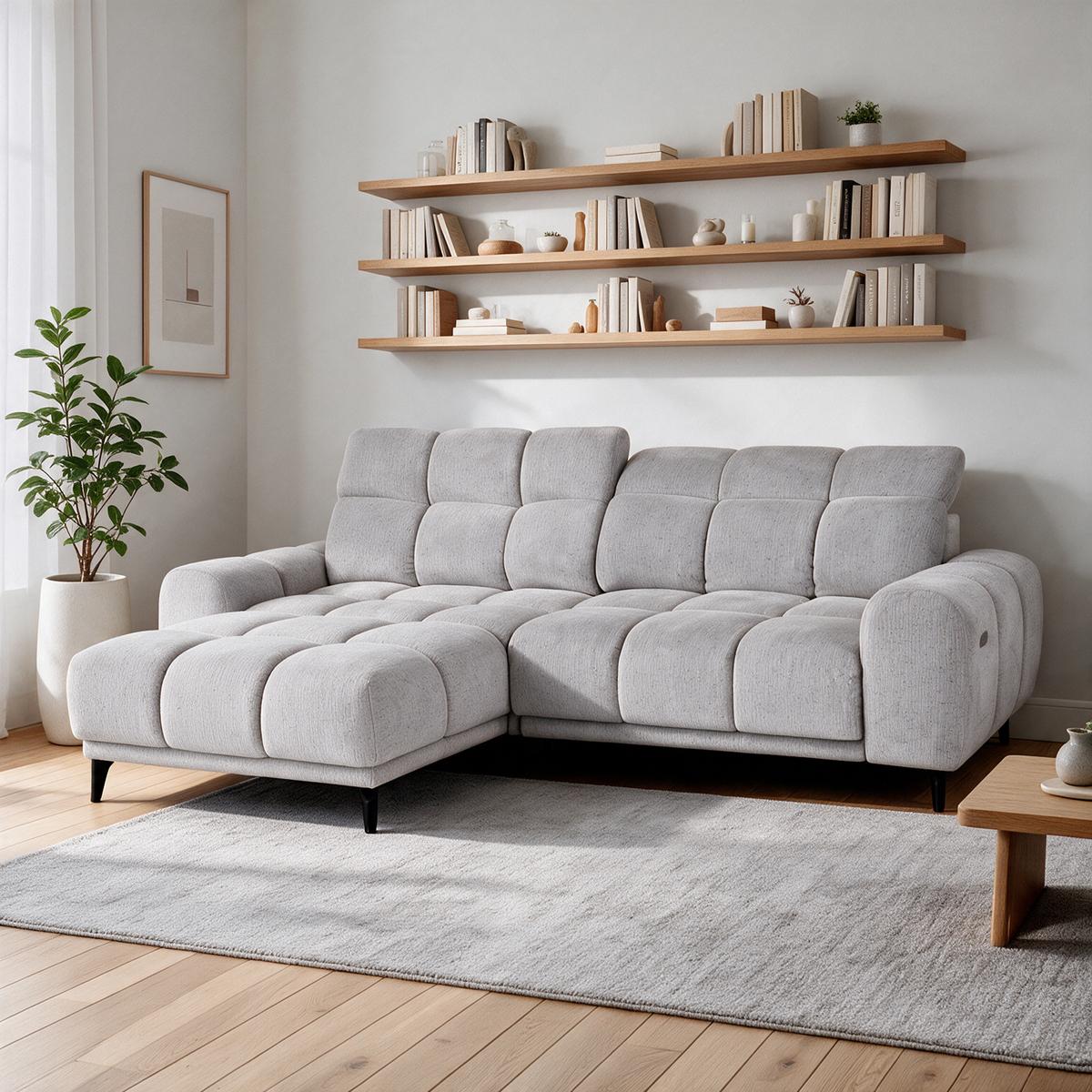 ECKSOFA Marco Mini mit elektrisch ausfahrbarem Sitz und verstellbaren Kopfstützen, Links, Chenille-Stoff, Hellgrau - Hellgrau/Schwarz, Textil (275/182cm) - Beautysofa