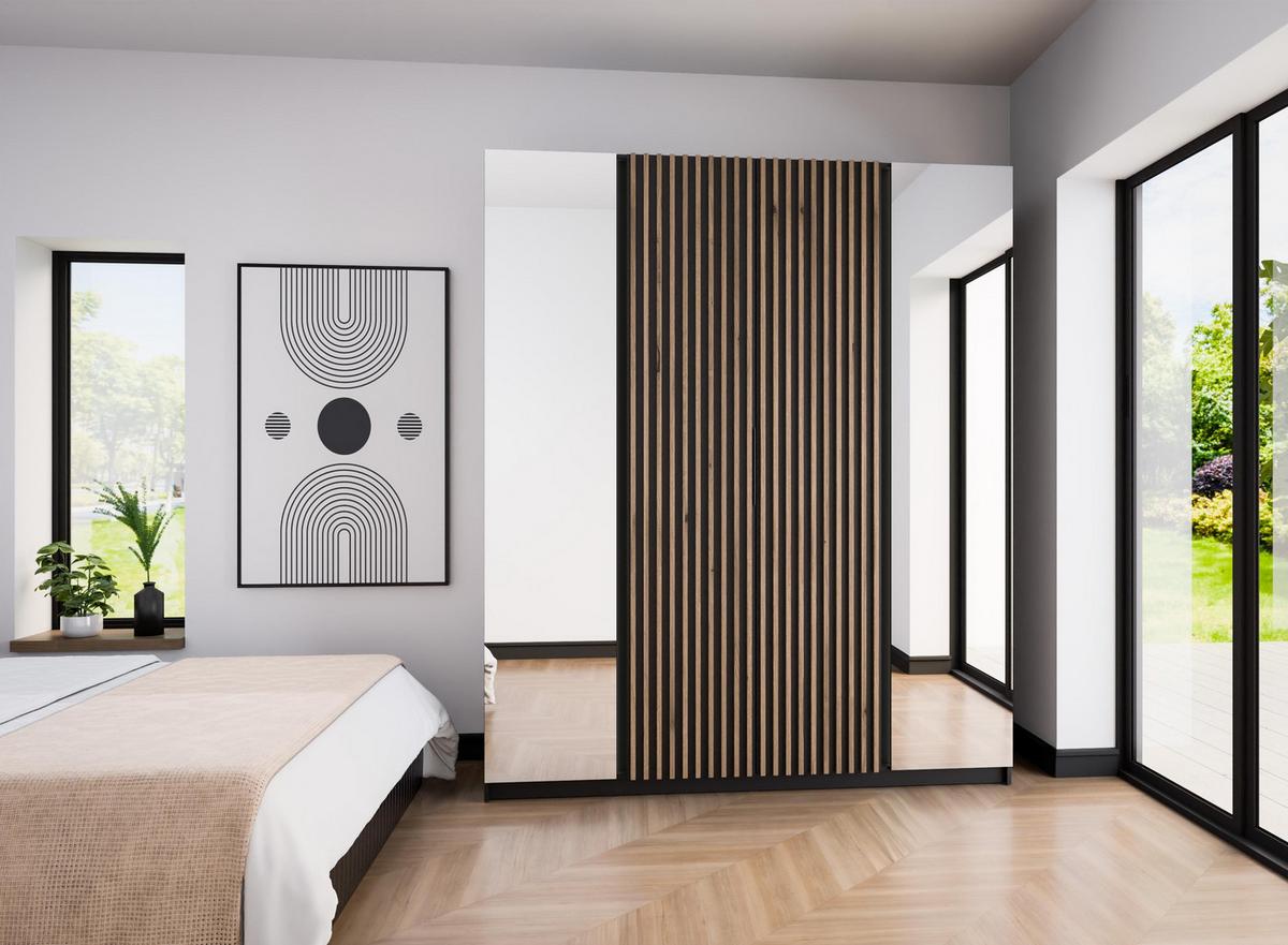 KLEIDERSCHRANK Nehir Korpus Schwarz, Front Schwarz/Eiche Evoke 200 cm - 4T Modern mit Spiegeln außen und Lamellentüren mittig - Schwarz, Holzwerkstoff/Kunststoff (200/239/61.9cm) - AX Living