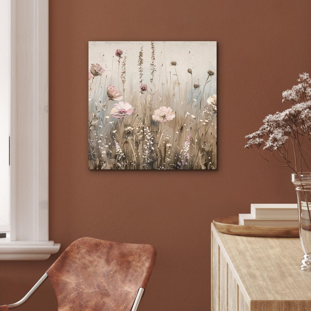 METALLBILD Blumen - Rosa - Modern - Beige 50x50 cm - Beige, Metall (50/50cm) - MuchoWow