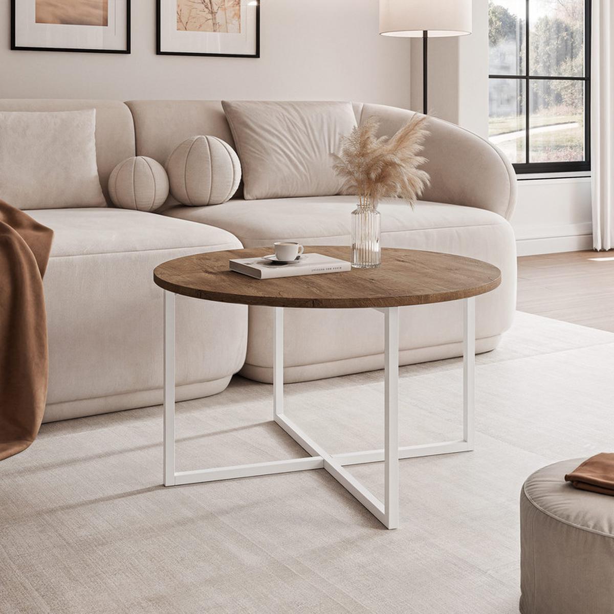 COUCHTISCH BESARO 75/47 cm runden, Weiß / Lefkas-Eiche - Eiche San Remo/Weiß, Metall (75/75/47cm) - Idohome