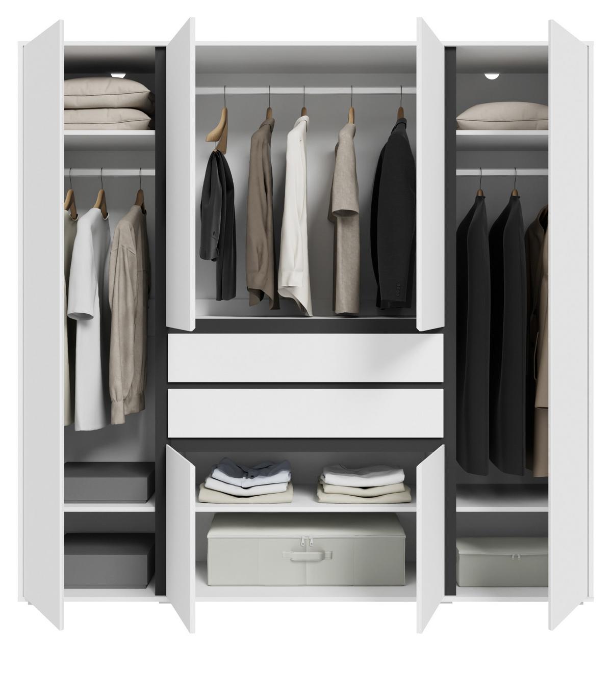 KLEIDERSCHRANK weiß, grau 197 x 194 cm, Drehtürenschrank 6-türig - Anthrazit/Silberfarben, Holzwerkstoff/Kunststoff (197/194/56cm) - Inn.Furn