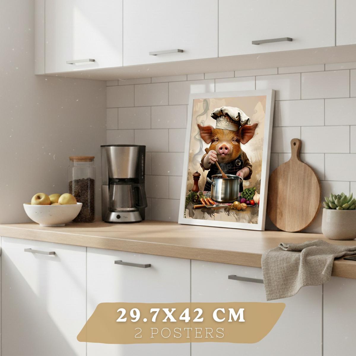 POSTER 2er Set Küchen-Wandbilder Hahn und Schwein Koch Aquarell Illustration Esszimmer Wanddeko Rahmenlos A3 - Weiß, Papier (29.7/1/42cm) - Nacnic