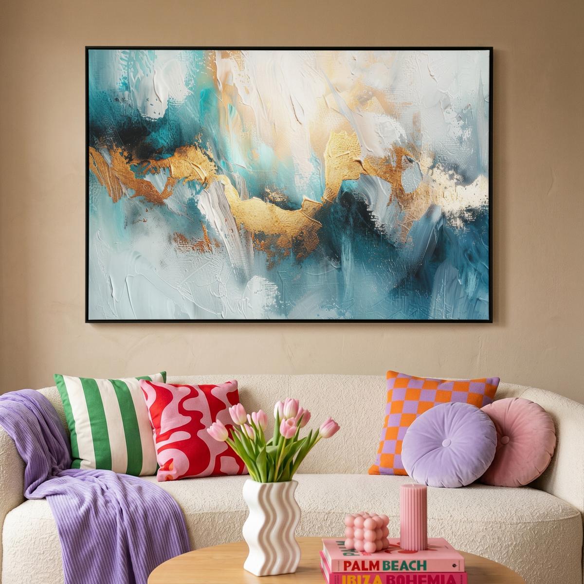 LEINWAND Bilder mit Rahmen - Abstrakt - Kunst - Gold - Blau - 150x100 - Petrol, Textil (150/100cm) - MuchoWow