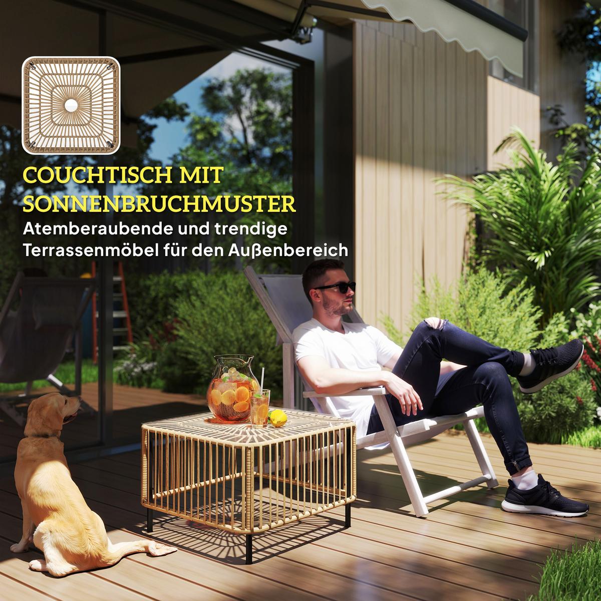 POLYRATTAN Gartentisch, 65 x 65 x 43 cm, wetterfest Beistelltisch quadrarisch - Naturfarben, Metall (65/65/43cm) - Outsunny
