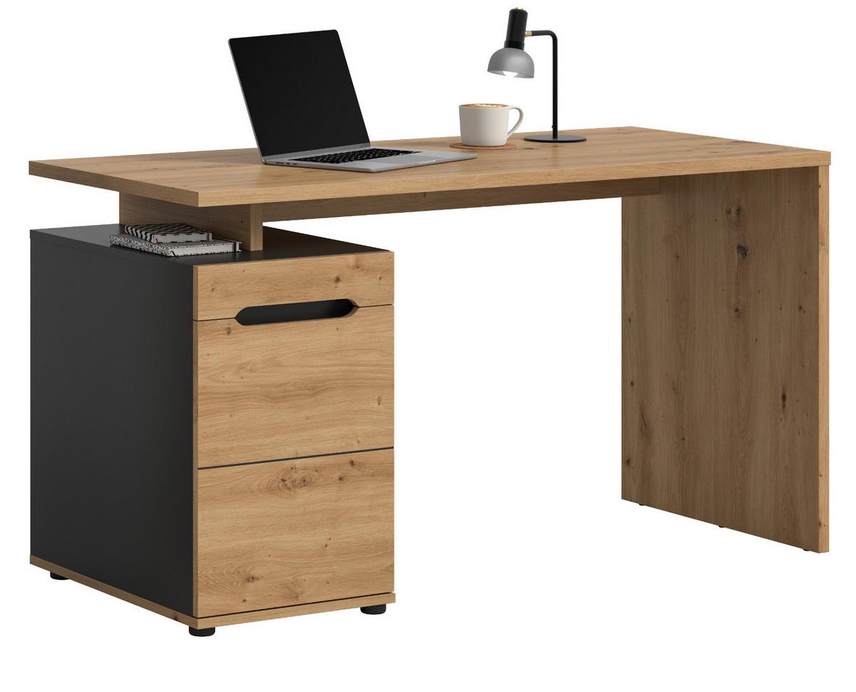 SCHREIBTISCH Eiche Artisan, Grau 138 cm, Container mit Soft-Close - Schwarz/Eiche Artisan, Holzwerkstoff/Kunststoff (60/138/75cm) - Inn.Furn