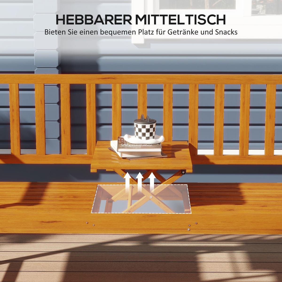 GARTENBANK 3-Sitzer, Sitzbank mit Tisch, Parkbank mit Armlehne Hellbraun - Braun, Holz (56/91/153cm) - Outsunny
