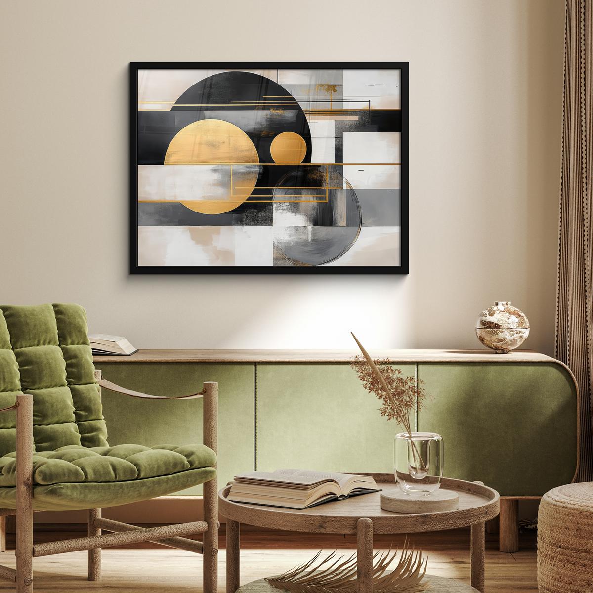 POSTER MIT RAHMENGERAHMTES BILD Abstrakt - Gold - Silber - Formen - Ästhetisch - Modern 80x60 cm - Goldfarben, Papier (80/60cm) - MuchoWow