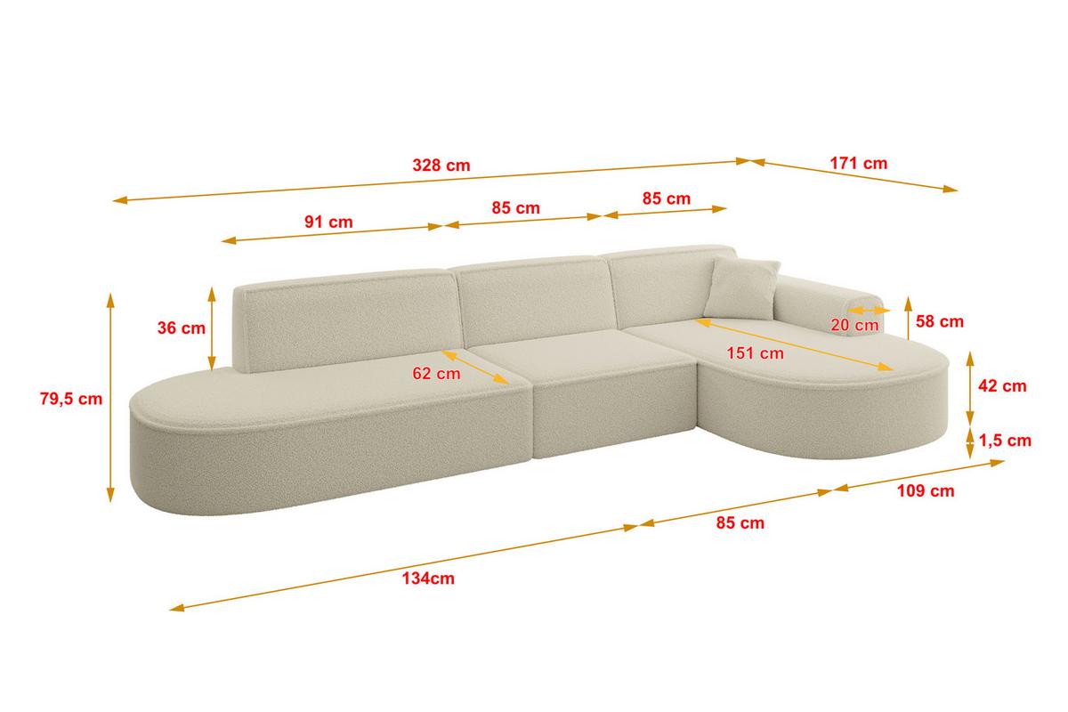 ECKSOFA Ottomane Rechts MARI-L2 - 328x171x79 cm Beige Bouclé - Beige/Schwarz, Holzwerkstoff/Kunststoff (171/328cm) - ALTDECOR