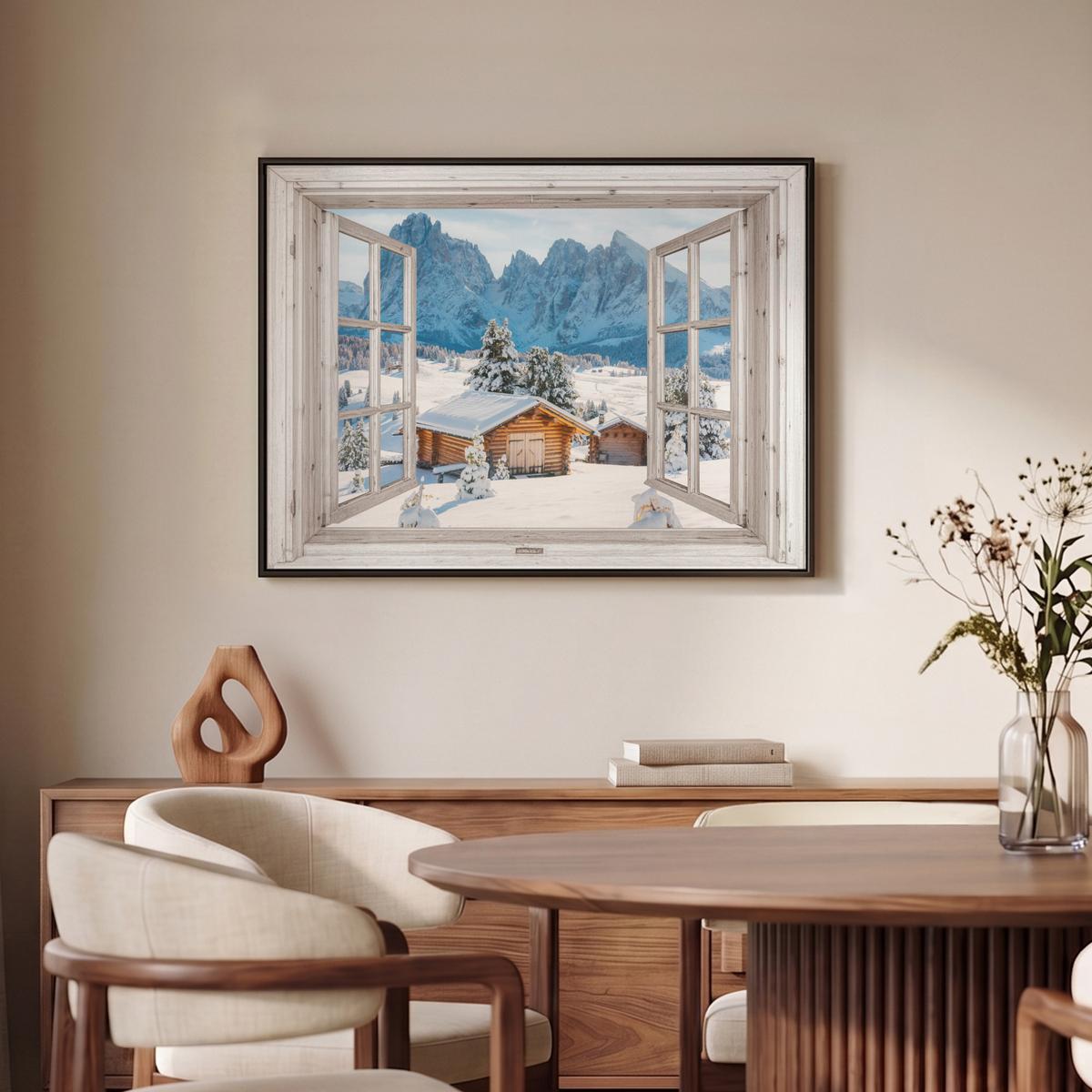 LEINWAND Bilder mit Rahmen - Winterlandschaft - Hütte - Berge - Ausblicke - Aussicht - Natur - 80x60 - Weiß Hochglanz, Textil (80/60cm) - MuchoWow