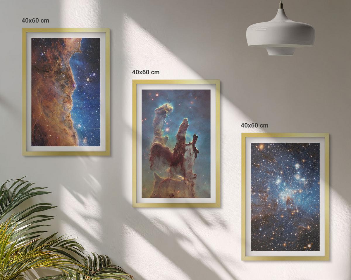BILDER SET 3er Set - 40x60 cm Goldrahmen - Weltraumlandschaften von Galaxien - Goldfarben, Kunststoff (40/60cm) - TULUP