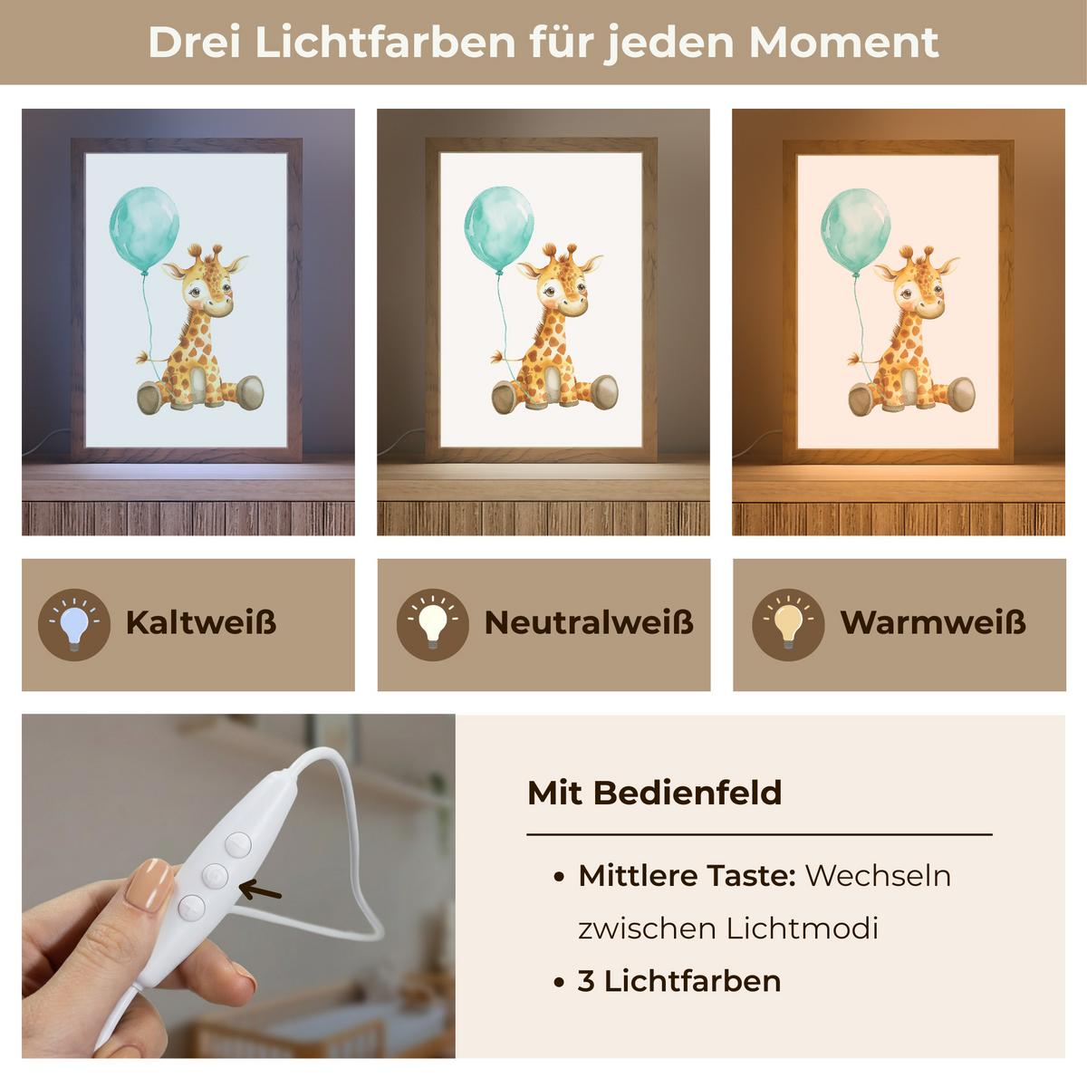 NACHTTISCHLAMPE Giraffe - Baby - Tiere - Blauer Ballon 20x30 cm - Weiß, Holzwerkstoff (8/20/30cm) - OnlyWow