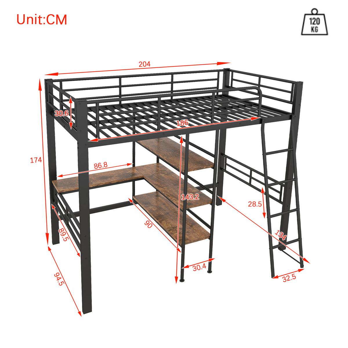 HOCHBETT metall schwarz 90x200cm mit schreibtisch regal - Schwarz, Metall (90/200cm) - Urban Meuble