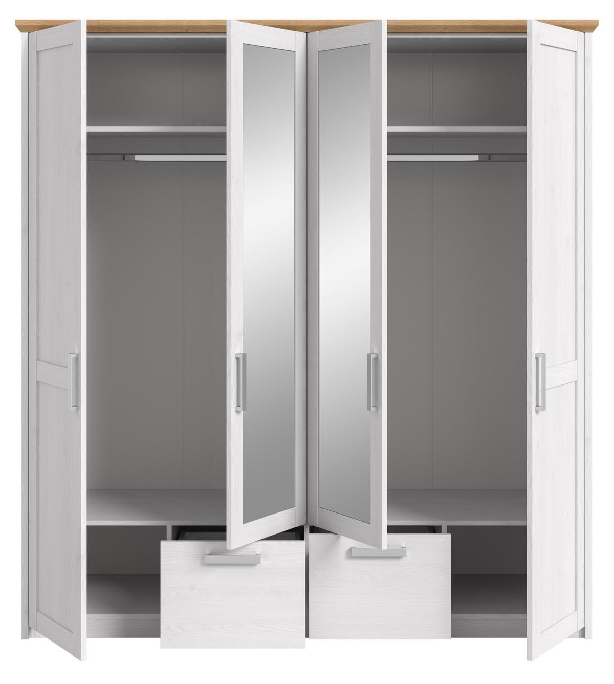 KLEIDERSCHRANK weiß Lärche, Eiche Artisan Landhaus, Drehtürenschrank 4-türig mit Spiegel - Eichefarben/Silberfarben, Glas/Holzwerkstoff (188/200/61cm) - Inn.Furn