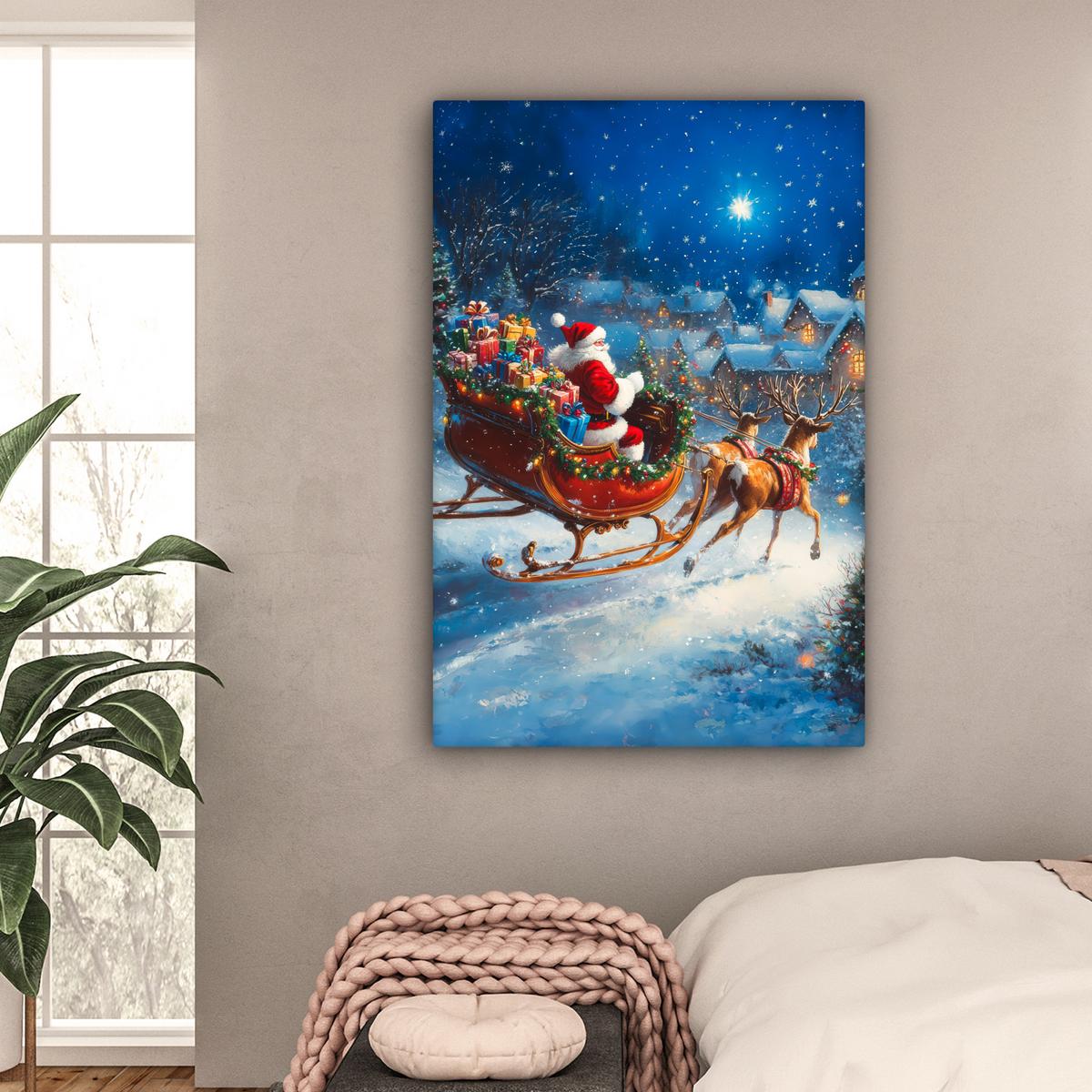 LEINWANDBILD Weihnachtsmann - Rentier - Weihnachten - Schnee Deko XXL 80x120 cm - Cognac, Textil (80/120cm) - MuchoWow