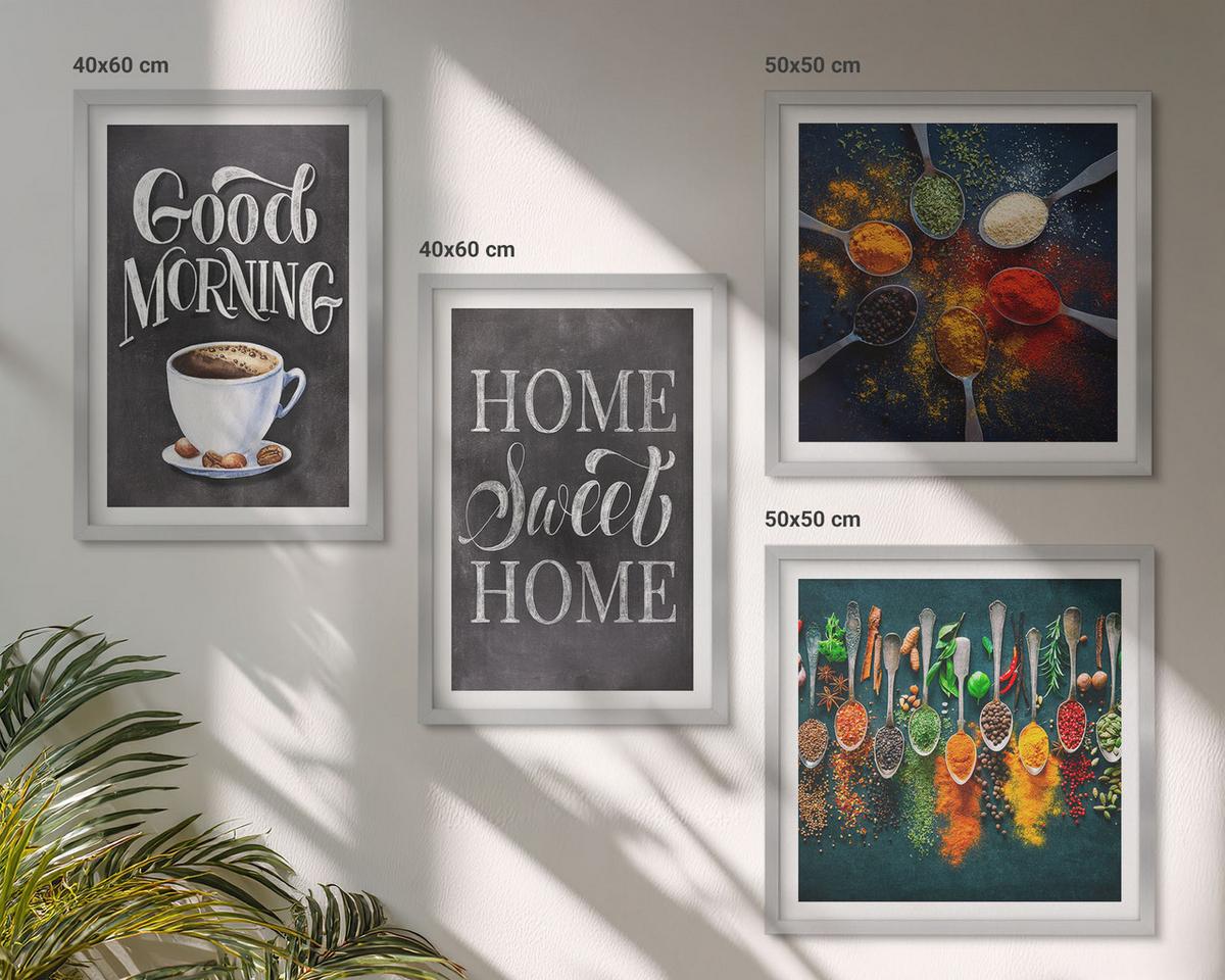 BILDER SET 4er Set - 50x50 cm & 40x60 cm Silberner Rahmen - Gewürze, Kaffee, Tasse, Kräuter - Silberfarben, Kunststoff (50/50cm) - TULUP