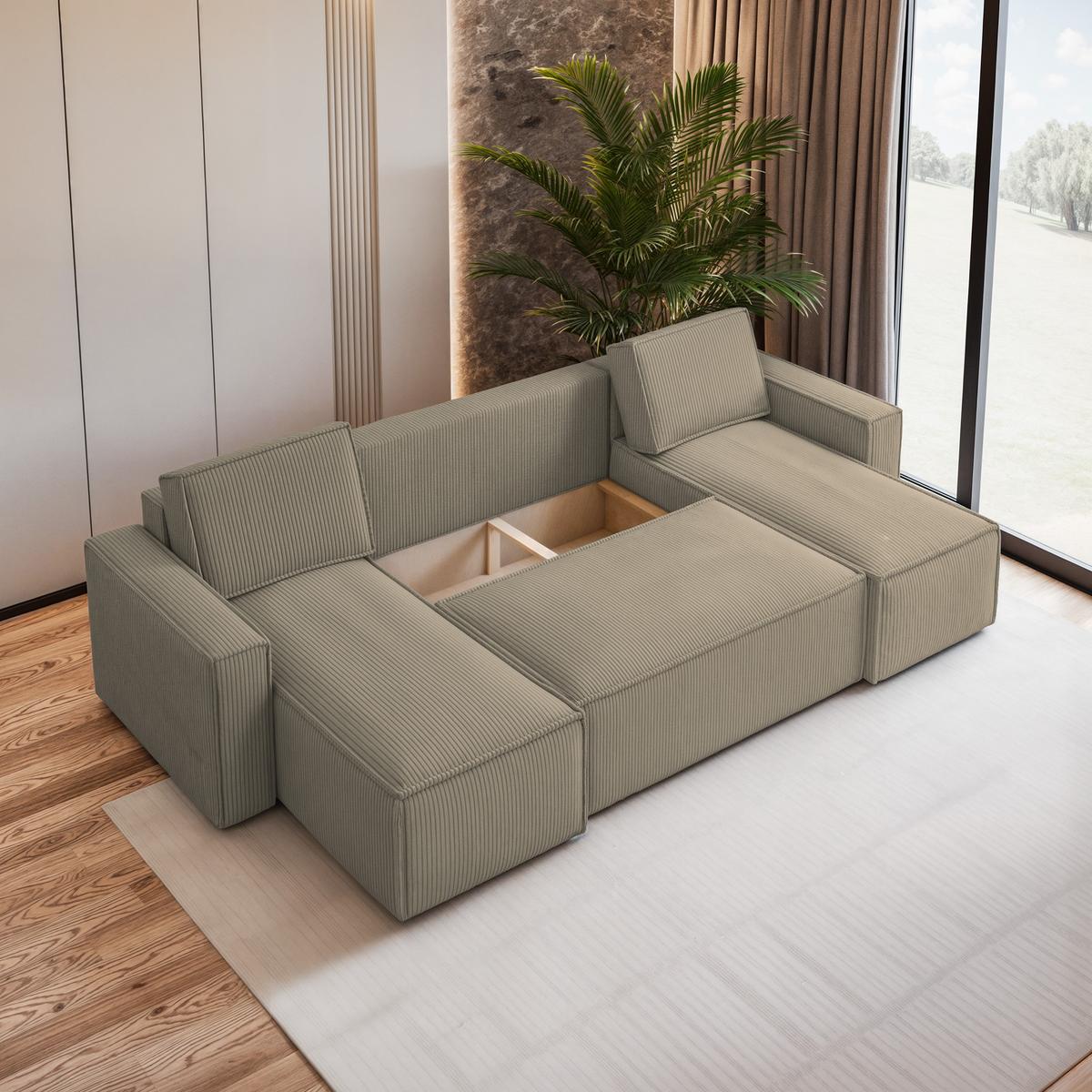 WOHNLANDSCHAFT PESANO P Beige Kordstoff mit Schlaffunktion - Beige/Grau, Holz/Kunststoff (306/85/140cm) - MASSENO