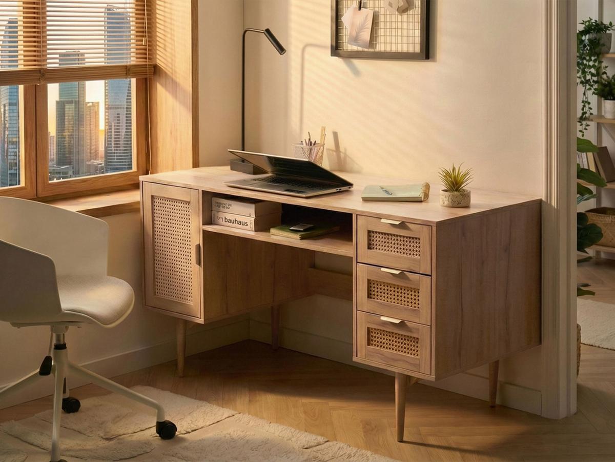 SCHREIBTISCH 140/60 cm Hellbraun Raffra - Hellbraun/Braun, Holzwerkstoff/Metall (60/140/75cm) - Beliani