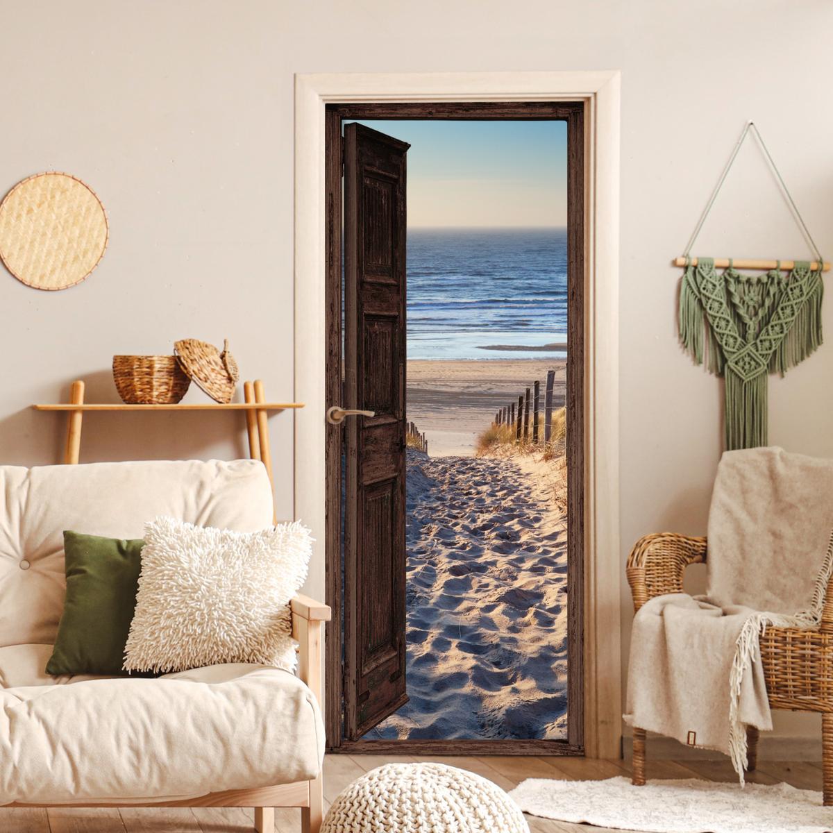 TÜRAUFKLEBER Durchblick - Strand - Meer - Weg - Dünen Fototapete 75x205 cm - Türtapete - Sandfarben, Kunststoff (75/0.1cm) - MuchoWow