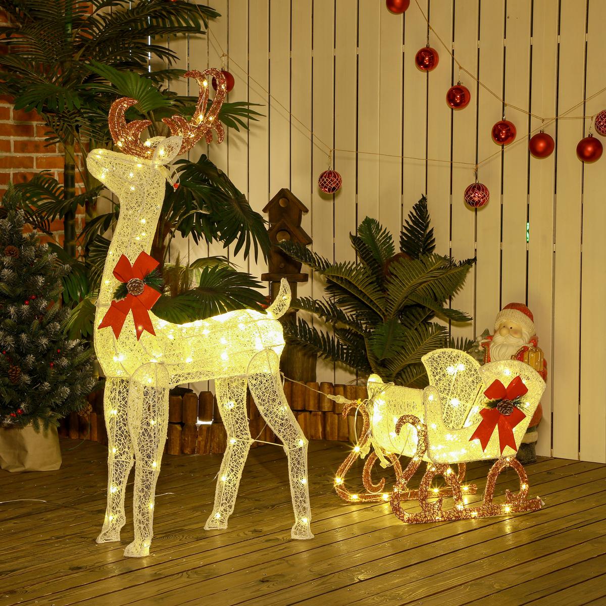 LED Rentier und Schlitten Weihnachtsdeko mit 170 Lichtern für Indoor, Outdoor - Weiß, Metall (29/42/50cm) - Outsunny